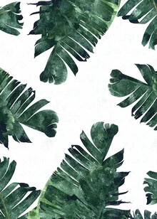 Wall art featuring a watercolor of banana leaves in soft green tones and a minimalist style.