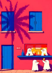 Illustration by Uma Gokhale: whimsical ghost bar with a tropical vibe