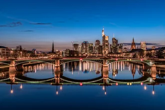 Photo art by Achim Thomae: Frankfurt skyline at night with reflections in the water