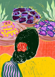 Illustration by Uma Gokhale: vibrant scene at a fish market with women and seafood