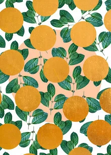 Wall art featuring tropical graphic in warm orange and gold tones, botanical theme