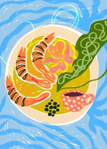 Illustration by Uma Gokhale: colorful arrangement of tiger prawns on a platter