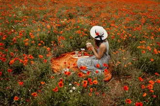 Photographic depiction of a young woman in a poppy field on a sunny day.