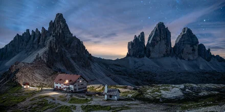 Photo art by Achim Thomae: panoramic view of the Dolomites under a starry sky
