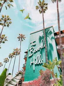 Photo art by Gal Pittel: tropical palms and a parrot in front of the Beverly Hills Hotel