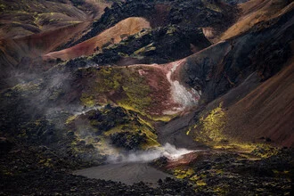 Abstract landscape of Landmannalaugar in the Icelandic highlands with rugged volcanic mountains.
