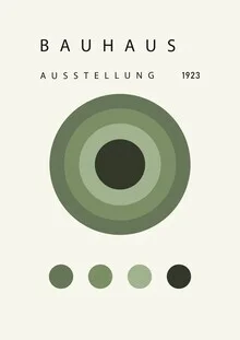 Wall art featuring minimalist shapes in green-beige, inspired by Bauhaus style.