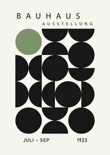 Wall art in Bauhaus style: minimal shapes in black, green, and beige.