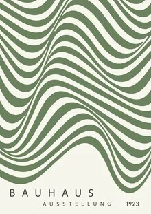 Wall art featuring soft shapes in green-beige; minimalist Bauhaus design.