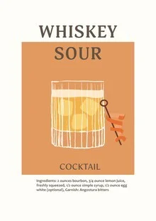 Illustration of a Whiskey Sour cocktail with fresh ingredients in a retro style.