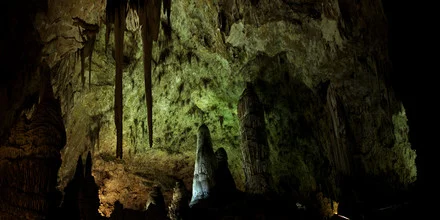 Photo art by Jan Glebinski: captivating view of Carlsbad Cavern showcasing unique formations