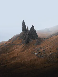 Photo art by Reiner Hofer: mystical rock formation in the fog of the Scottish Highlands