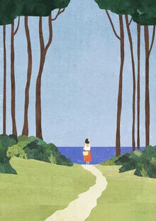 Illustration by Henry Rivers: Woman with basket walking to the beach under a blue sky