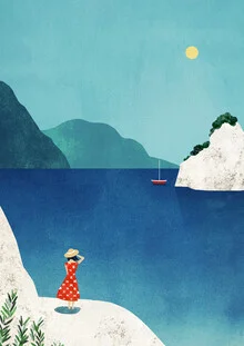 Wall art by Henry Rivers: Woman in a red summer dress by the deep blue sea in Marseille