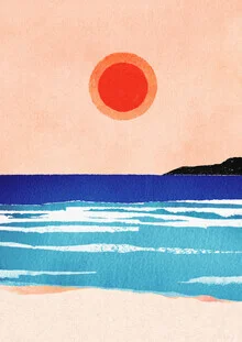 Illustration eines Sonnenaufgangs über dem Ozean in sanften Pastellfarben.