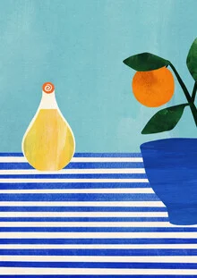 Illustration von Henry Rivers: Flasche Orangina und frische Orangen im Sommerambiente