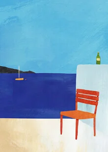 Illustration of a red chair by the sea with blue sky and a sailboat