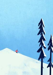 Illustration of a skier in a snow-covered winter landscape