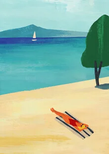 Illustration of a woman relaxing on a towel in the sun at the beach