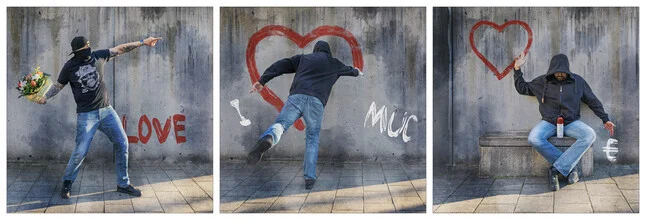 Photo art by Roswitha Schleicher-Schwarz: triptych featuring heart, flowers, and money