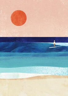 Illustration by Henry Rivers: wave with a red sun and blue sky