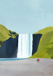 Wandbild eines Wasserfalls in Island mit grünem Ufer und blauem Himmel