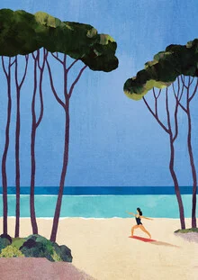 Illustration eines Mädchens, das am Strand Yoga praktiziert, unter blauem Himmel.