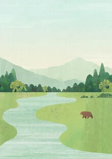 Illustration of a brown bear in a green meadow under a blue sky.