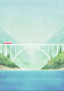 Wall art: colorful illustration of a VW bus crossing the Big Sur bridge.
