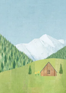 Wall art of a mountain hut with snowy peaks and green meadows in the foreground.