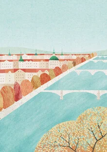 Illustration by Henry Rivers: summer scene with river and blue sky over Prague.