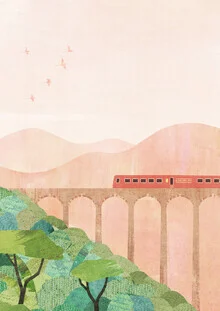 Illustration by Henry Rivers: red train on a bridge in Sri Lanka under a blue sky.