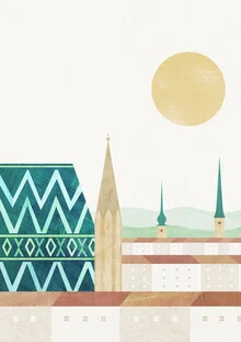 Wall art by Henry Rivers: idyllic summer city with steeples and blue sky