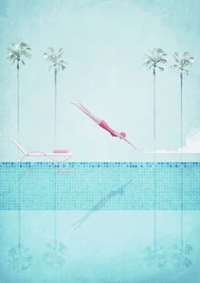 Illustration of a swimming pool with a dive into clear water under a blue sky.