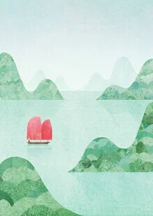 Wandbild von Henry Rivers: idyllische Halong-Bucht mit rotem Segelboot und blauem Himmel.