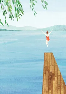Illustration of a girl joyfully jumping into a clear lake.