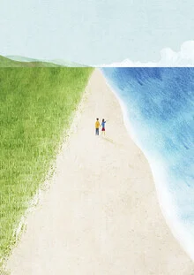 Illustration by Henry Rivers: idyllic beach with blue sky in a retro style
