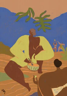 Wall art by Arty Guava: two women enjoy a melon in soft pastel colors.