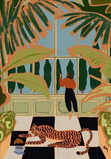 Illustration of a green house surrounded by tropical plants and soft colors