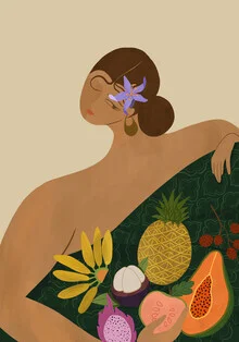 Illustration of a woman selling fresh fruits, featuring soft pastel colors.