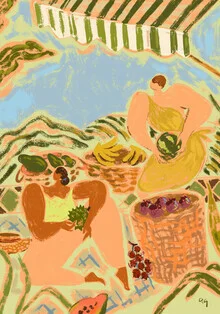 Illustration of a fruit stand featuring soft colors and tropical elements