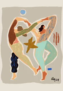 Illustration by Arty Guava: two women dancing in soft colors, cheerful mood.