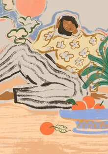 Illustration by Arty Guava: relaxed woman in warm tones, abstract shapes, and tropical elements. Illustration by Arty Guava: relaxed woman in warm tones, abstract shapes, and tropical elements.