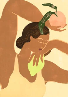 Illustration by Arty Guava: Woman holding lemon and apple in soft colors.