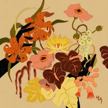 Illustration by Arty Guava: floral motifs in warm ochre and beige tones