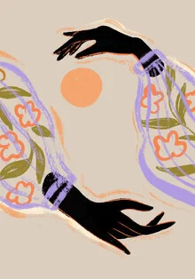 Illustration of hands circling the sun, featuring warm colors and soft lines. Illustration of hands circling the sun, featuring warm colors and soft lines.