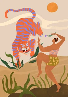 Wall art featuring a woman and a dragon-like tiger, soft colors and harmonious elements.