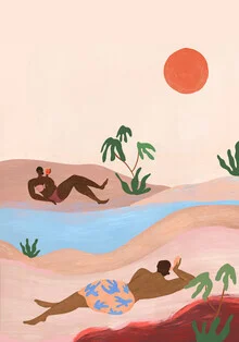 Wall art featuring soft pastel colors and tropical elements, creating a calm mood.