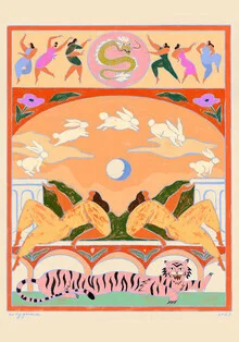 Wall art featuring a rabbit jumping over the moon, in soft colors and a dreamy style.
