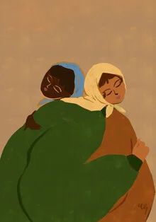 Illustration by Arty Guava: two women embracing in soft colors.
